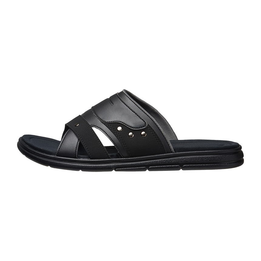 China Brand Customized High Quality Solid Black Flat Leather Summer Flip Flops Men